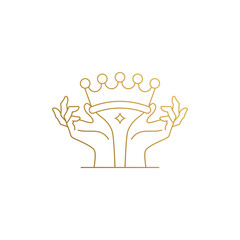 Vector design of female hands holding crown hand drawn with thin lines
