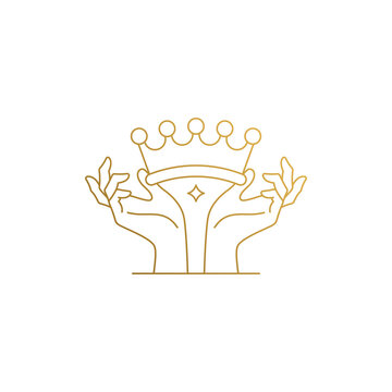 Vector design of female hands holding crown hand drawn with thin lines