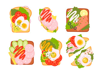 Sandwich top view set. Burger toast for healthy breakfast or lunch on white background. Fast food elements, flat vector illustration.