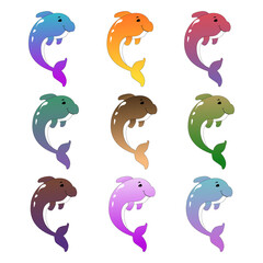 Dolphin in nine different gradient colors illustration. on white isolated background, vector illustration.