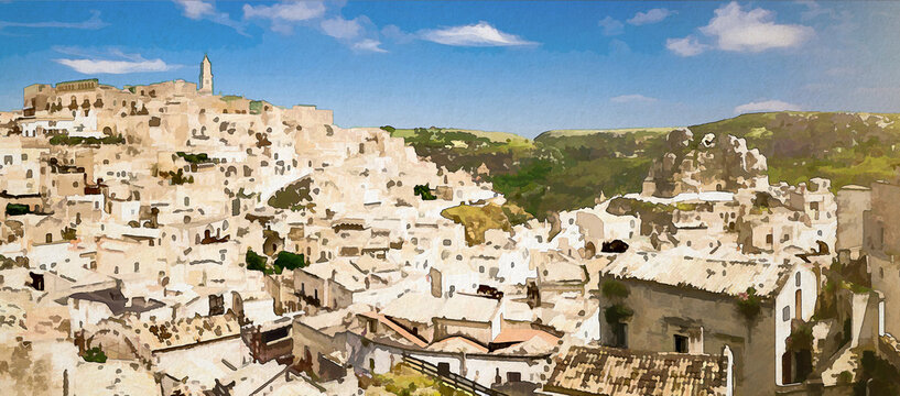 Watercolor drawing of Aerial panoramic view of historical centre Sasso Caveoso of old ancient town Sassi di Matera with rock cave houses, UNESCO World Heritage Site, Basilicata, Southern Italy