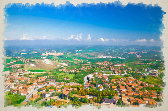 Watercolor drawing of Aerial top panoramic view of landscape with valley, green hills, fields and villages of Republic San Marino suburban with blue sky background. View from San Marino fortress.