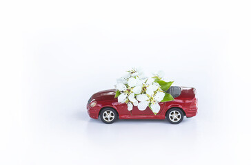 Vintage toy car with cherry tree flowers