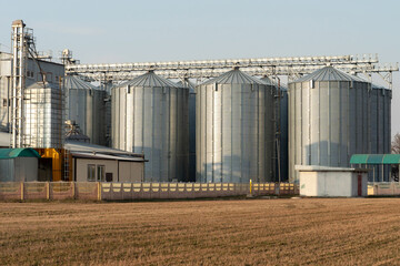 silver silos on agro manufacturing plant for processing drying cleaning and storage of agricultural products, flour, cereals and grain. Large iron barrels of grain. Granary elevator © Pokoman