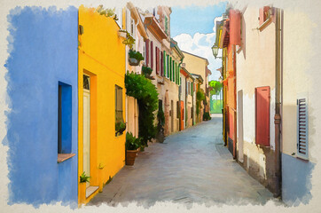 Fototapeta premium Watercolor drawing of Typical italian cobblestone street with colorful buildings, traditional houses with green plants on walls and windows in old historical city centre, Emilia-Romagna
