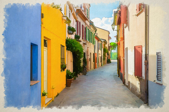 Fototapeta Watercolor drawing of Typical italian cobblestone street with colorful buildings, traditional houses with green plants on walls and windows in old historical city centre, Emilia-Romagna