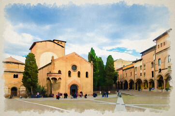 Watercolor drawing of Abbazia Santo Stefano abbey, Basilica dei protomartiri San Vitale e Sant'Agricola church on Piazza Santo Stefano square in Bologna historical city centre, Emilia-Romagna © Aliaksandr