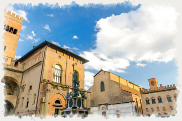 Watercolor drawing of Neptune Fountain Fontana del Nettuno, Palazzo Re Enzo palace and Basilica di San Petronio church building on Piazza Maggiore square in historical city center of Bologna, Italy © Aliaksandr