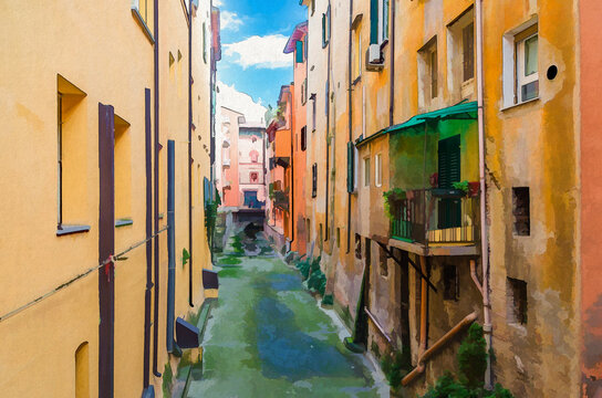 Watercolor drawing of Canale delle Moline canal La Piccola Venezia Finestrella between buildings in old historical city centre of Bologna, Emilia-Romagna, Italy