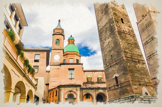 Watercolor drawing of Two medieval towers of Bologna Le Due Torri: Asinelli and Garisenda and Chiesa di San Bartolomeo Gaetano church in old historical city centre, Emilia-Romagna, Italy