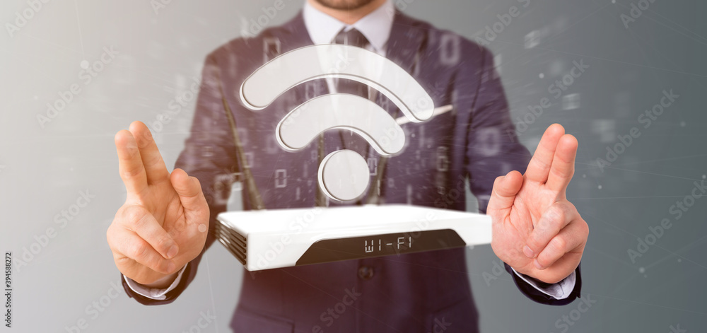 Poster businessman holding a wifi router and data - 3d rendering