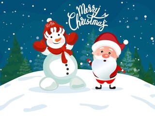 Winter Christmas background with Santa Claus and snowman Vector illustration. Snowflakes sky. falling snow and Christmas tree sign, for graphic, landscape, copy space, sale, merry christmas  
