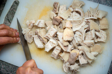 close up of preparation of tripes a la mode de Caen