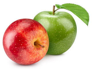 Ripe Apple with green leaves isolated on white background. Apple with clipping path. Apple stack full depth of field macro shot. High End Retouching