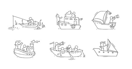 Fototapeta premium Sketch set with people and boats.