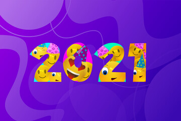 Happy New Year 2021 creative congrats. Isolated abstract graphic design template. Smile icons and 2021 bright numbers. Vector sign. Cute funny colorful symbol in 3D style. colourful  background.  
