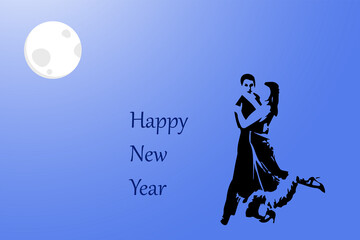 couple dancing in full moon light sharing new year wishes silhouette on blue background with text space. 
