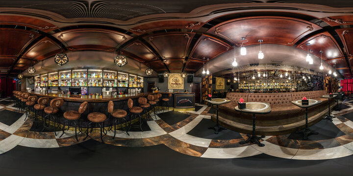 GRODNO, BELARUS - NOVEMBER, 2018: Full spherical seamless hdri  panorama 360 degrees in interior stylish chester vintage restaurant nightclub bar in equirectangular equidistant projection. VR content