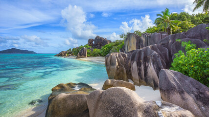 beautiful tropical beach at anse source d'argent, la digue, seychelles
