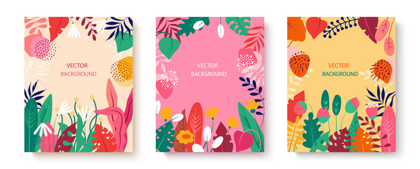 Set of bright abstract cards with tropical leaves. Creative doodles of various shapes and textures. Vector illustration ideal for prints, flyers, banners, cards, invitations.