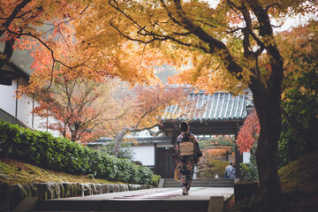 京都「南禅寺」の紅葉　女性着物　日本　秋