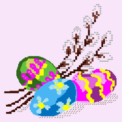 Perfect colorful easter eggs isolated on a pink background. Vector pixel art