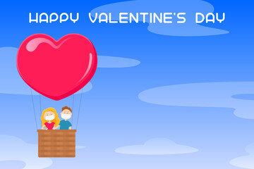 Valentines Day poster. Couple in masks flying in heart shaped hot air balloon. Vector illustration.