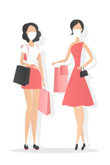 Women in masks hold shopping bags. Vector illustration.