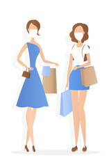Women in masks hold shopping bags. Sale. Vector illustration.