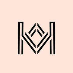 KK geometric monogram.Typographic icon with uppercase k letters and M shape.Lettering logo isolated on light background.Character initials sign in simple, bold, corporate, web style.Flat color lines.