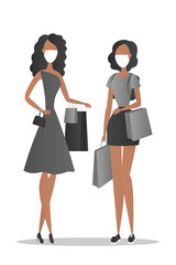 African women in masks hold shopping bags. Vector illustration.