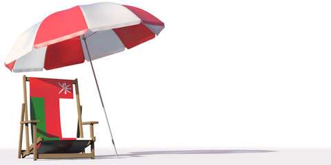Beach chair with flag of Oman and large umbrella. Travel or vacation concepts, 3d rendering