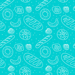 Bakery shop background with vector bread icons. Cooking courses design. Azure bakery seamless pattern for pastry label design, bread packaging, culinary blog, branding cafe. Flat backdrop.