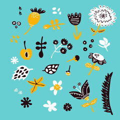 Vector set of hand drawn abstract flowers and plants