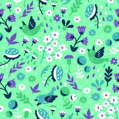 Vector seamless background pattern with hand drawn birds and blooms