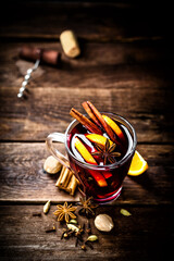 Mulled wine, hot warming drink with spices