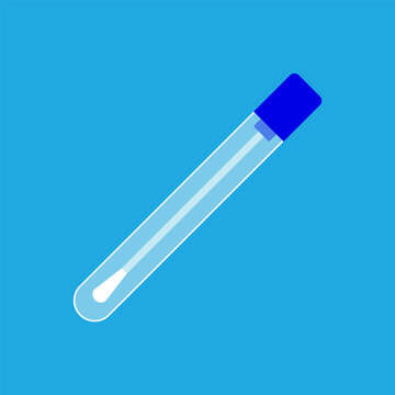 Test tube with swab sample. Coronavirus testing. DNA sample. Cotton stick for nasal or saliva swab analysis. Testing kit. Blank test sample. Color icon on blue background. Vector illustration,clip art