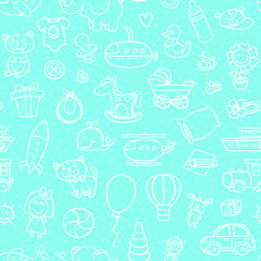vector outline seamless pattern for boy with toys