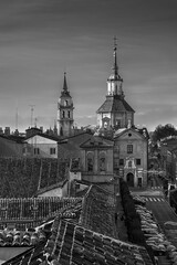Church of the Convent of Agustinas de Santa María Magdalena in Alcalá de Henares. Initially founded in 1580, the church was completed in 1672. Black and white.