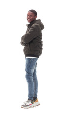 Naklejka premium side view. casual guy in jeans looking at copy space