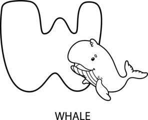 Vector illustration of educational alphabet coloring page with cartoon animal for kids