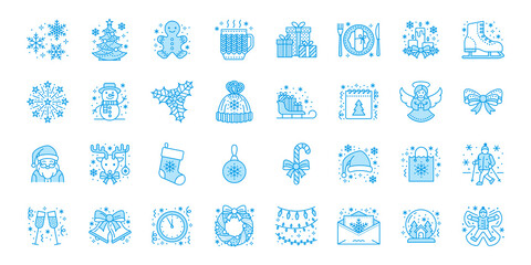 Christmas, new year flat line icons. Winter holidays - pine tree gift, snowman, santa claus, fireworks, angel. Vector illustration, signs for celebration xmas party. Blue color, Editable Stroke