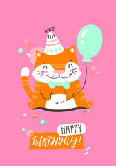 Vector birthday greeting card with cute cat on it
