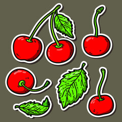 Vector stickers set of cute hand drawn cherry