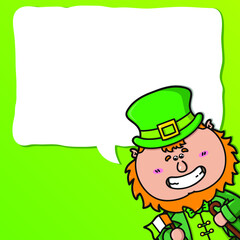 .vector festive card with kawaii Leprechaun which is holding irish flag