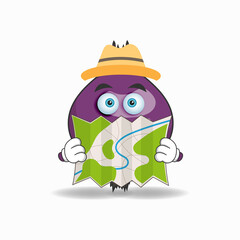 The Purple Onion mascot character holds a map. vector illustration
