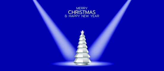 Merry Christmas and Happy New Year illustration. Silver Christmas Tree on the theater stage