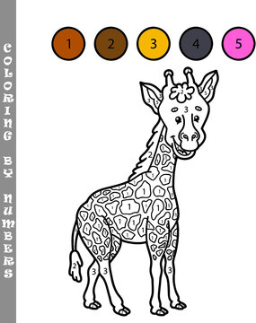 Vector illustration coloring by numbers game with cartoon giraffe for kids
