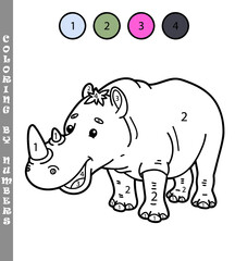 Vector illustration coloring by numbers game of cartoon rhino for kids
