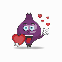 Purple Onion mascot character holding a love icon. vector illustration